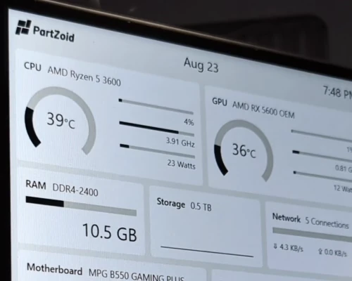 PartZoid Studio showing live hardware stats on a sensor panel